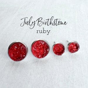 July Birthstone Earrings / July Birthday Gift for Her / Hypoallergenic Surgical Steel / Red Druzy Studs