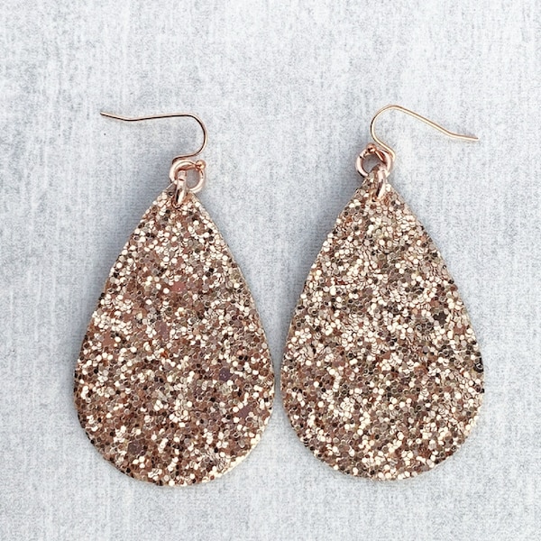 Rose Gold Glitter Teardrop Earrings / Sparkle Faux Leather Teardrops / Statement Earrings