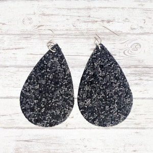 Black Glitter Teardrop Earrings, Black Sparkle Faux Leather Teardrops, Hypoallergenic Stainless Steel