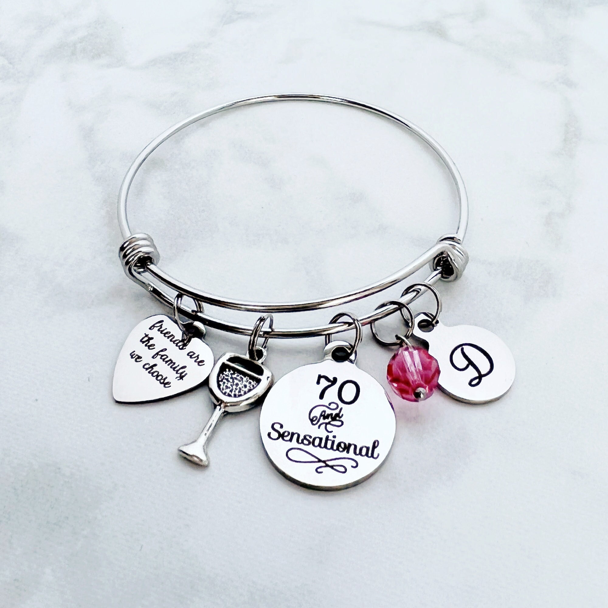70th Birthday Gift for Friend: Personalized Charm Bangle, Initial &…