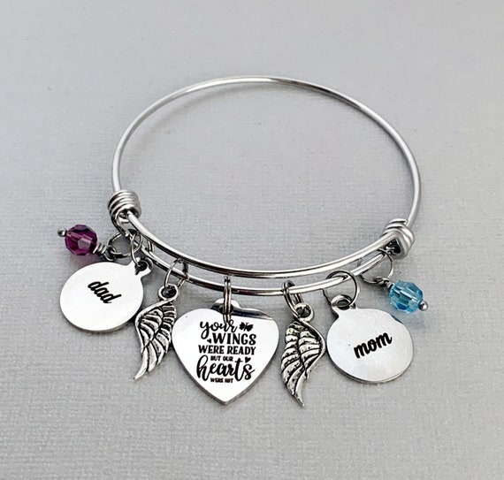 your wings were ready but my heart was not Memorial adjustable bangle Mom Dad memorial bracelet in memory of