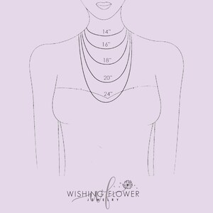 May include: Diagram showing different necklace lengths on a model. The lengths are 14 inches, 16 inches, 18 inches, 20 inches, and 24 inches.