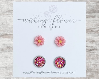 Petite marguerite rose / Boucles d'oreilles printemps / Acier inoxydable chirurgical hypoallergénique / Lot de 2 boucles d'oreilles / Cadeau boucle d'oreille pour elle