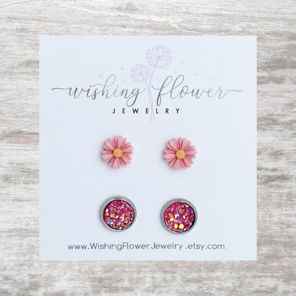 Pink Daisy Earring Set / Tiny Daisy Studs / Hypoallergenic Surgical Stainless Steel / Set of 2 Stud Earrings / Earring Gift for Her