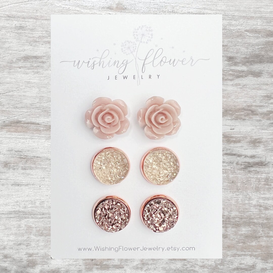 Rose Gold Stud Earring Set / Blush Rose Flower Earrings / Set of 3