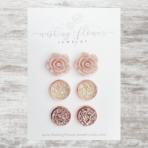 Rose Gold Stud Earring Set / Blush Rose Flower Earrings / Set of 3 Studs / Earring Gift for Her