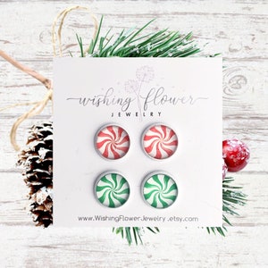 12mm Peppermint Stud Earrings / Christmas Earrings / Stocking Stuffer / Holiday Earrings / Set of 2 Stud Earrings