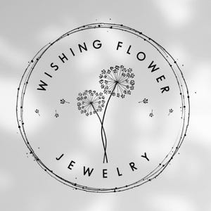 May include: A black and white logo for "Wishing Flower Jewelry" featuring a circular design. The design includes two dandelion-like flowers with delicate stems and the brand name encircling the flowers.
