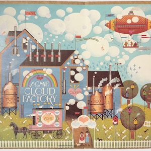 May include: A whimsical illustration of the "ACME Cloud Factory" with a blue building, rainbow, and hot air balloon. The scene includes a horse-drawn carriage, birdhouses, and numerous white clouds against a light blue sky. The artwork has a vintage, storybook feel.