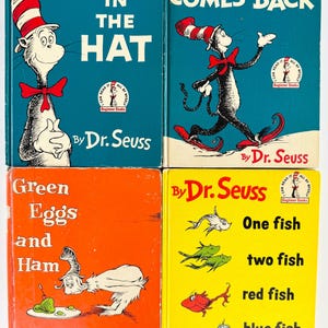 1957 Dr. Seuss Die Katze im Hut Hardcover Book Club Lot von 4 kommt zurück, Fisch