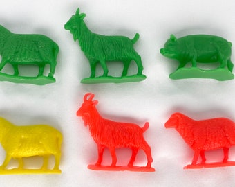 Lote de 6 brinquedos de plástico coloridos da década de 1980, figuras de animais de fazenda, cabra, ovelha, porco