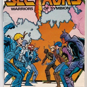 May include: A comic book cover featuring a group of warriors in blue and silver armor, fighting against a group of warriors in brown and purple armor. The cover is titled "Sectaurs Warriors of Symbion".