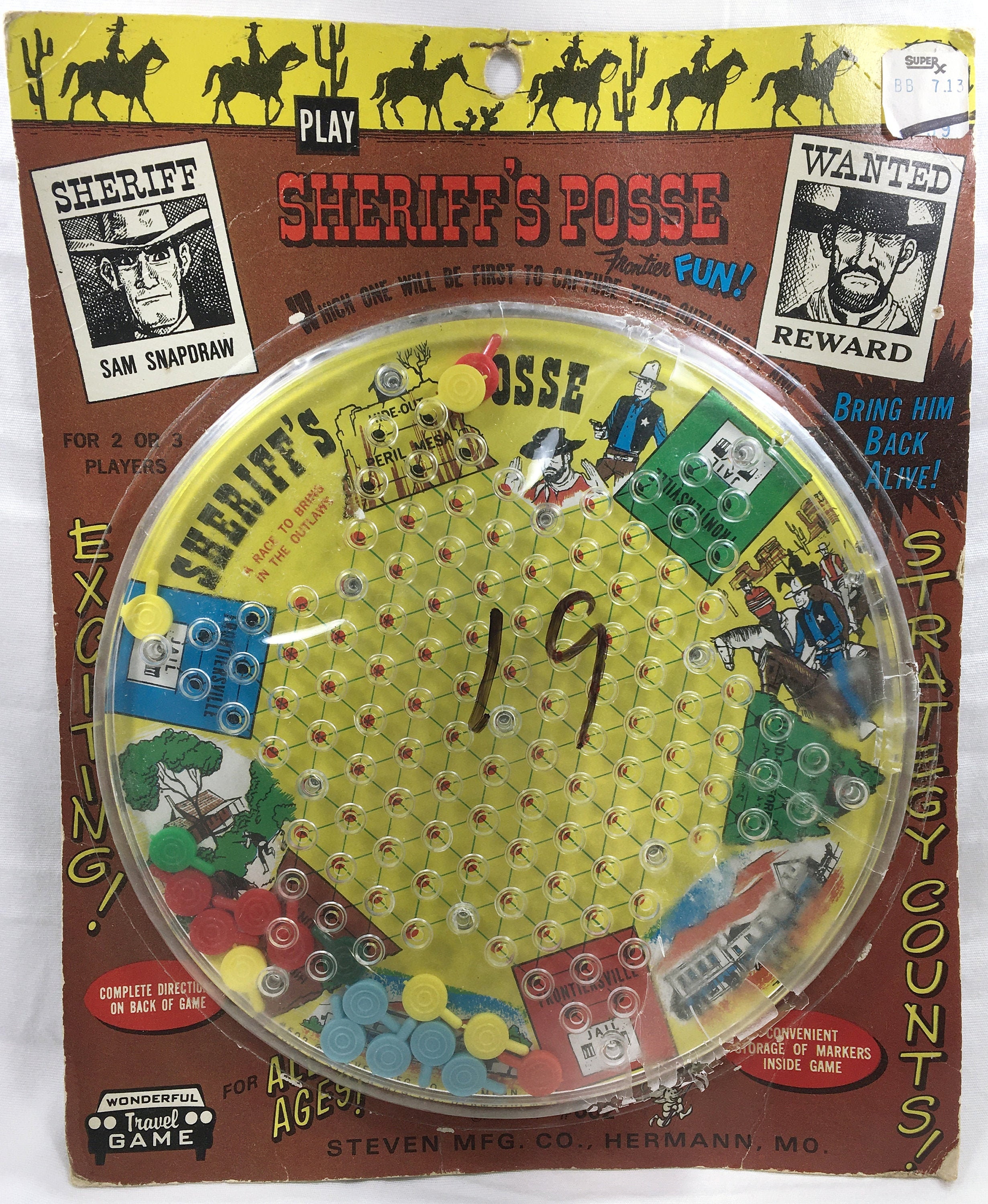 1966 SHERIFS POSSE Vintage STEVEN jogo de tabuleiro de viagem Moc selado cartão Dime Store
