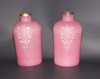 Antique Victorian French Pink Satin Rosaline Enameled Perfume Bottles, Rare! Christmas Gifts for Her!