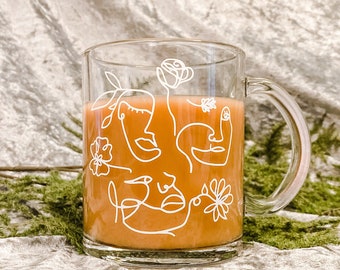 Line Art Glass Coffee Mug | Oversized Coffee Mug | Summer Coffee Mug | Boho Glass Mug | Floral Mug | Aesthetic Glass Mug | Clear Glass Mug