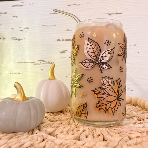 Fall Leaves Can Glass | Beer Can Glass |Fall Coffee Glass | Aesthetic Glass Cup | Thanksgiving Beer Can Glass | Fall Iced Coffee Glass