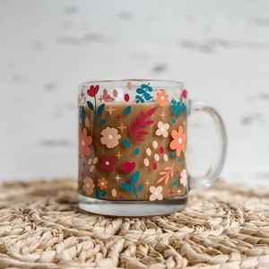 Spring Floral Coffee Mug | Glass Coffee Mug | Spring Coffee Mug | Plant Mom Mug | Floral Mug | Aesthetic Glass Mug | Clear Glass Mug
