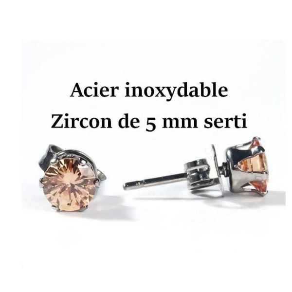 1 pair of stainless steel & champagne zircon stud earrings 5 mm