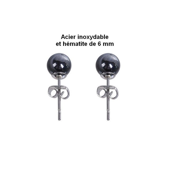 1 paire de puces d'oreilles acier inoxydable et hématite 6 mm