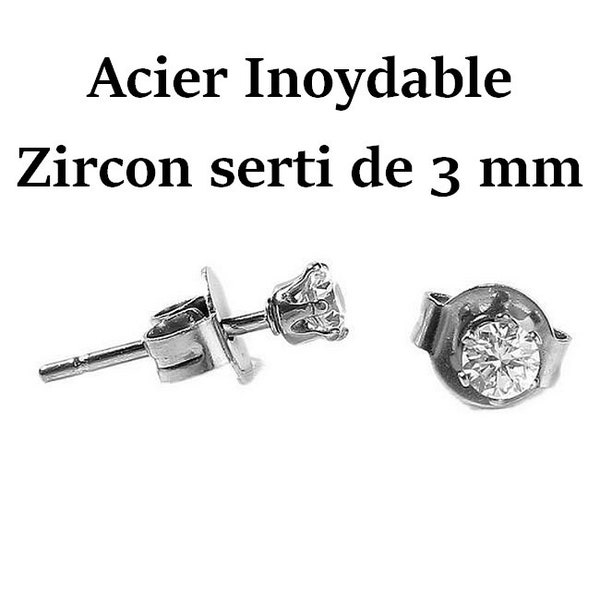 1 pair of 3 mm stainless steel & white cubic zirconia stud earrings