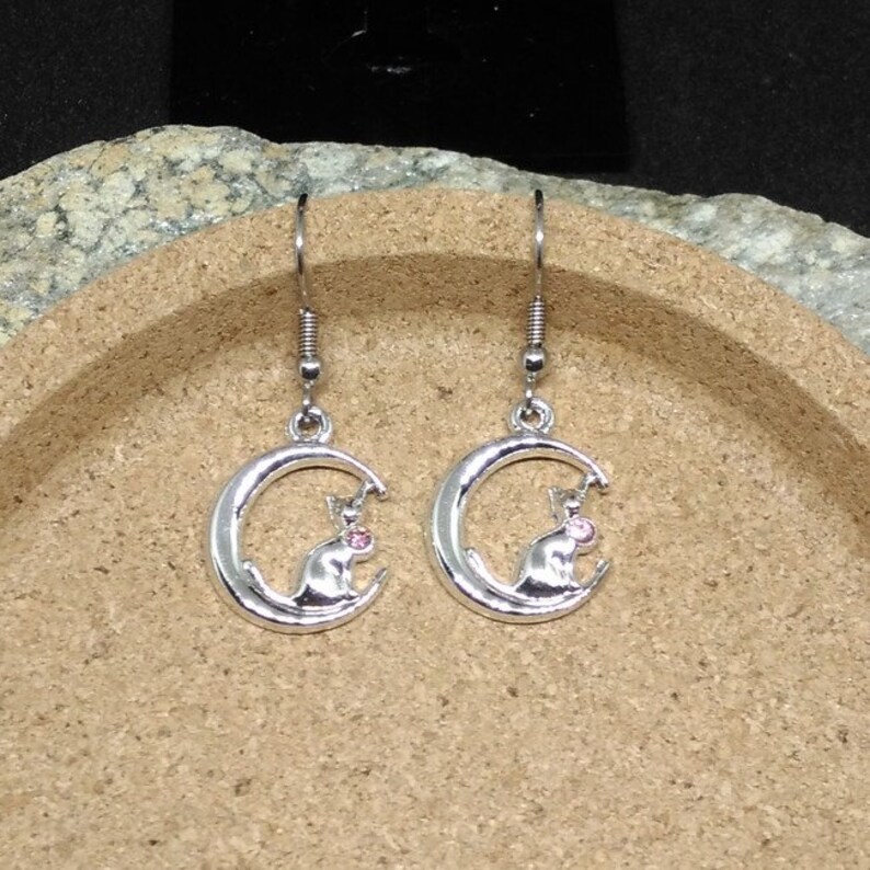 1 pair of earrings on stainless steel Moon cat