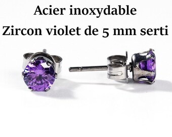 1 paire de puces d'oreille acier inoxydable & zircon violet 5 mm