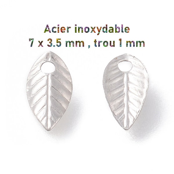 50 petites feuilles en acier inoxydable 7 x 3.5 mm, bout de chaine