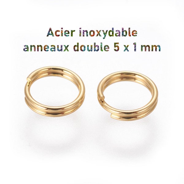 100 anneaux de jonction double en acier inoxydable doré 5 mm