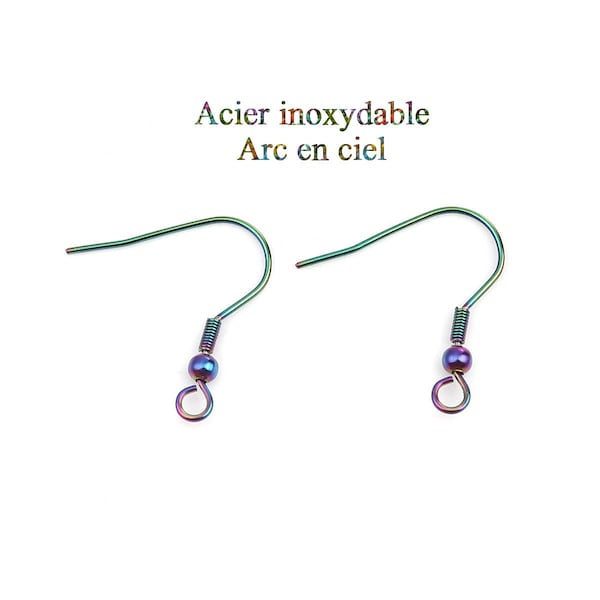 20 Crochets d'oreilles en acier inoxydable arc en ciel avec boule et ressort