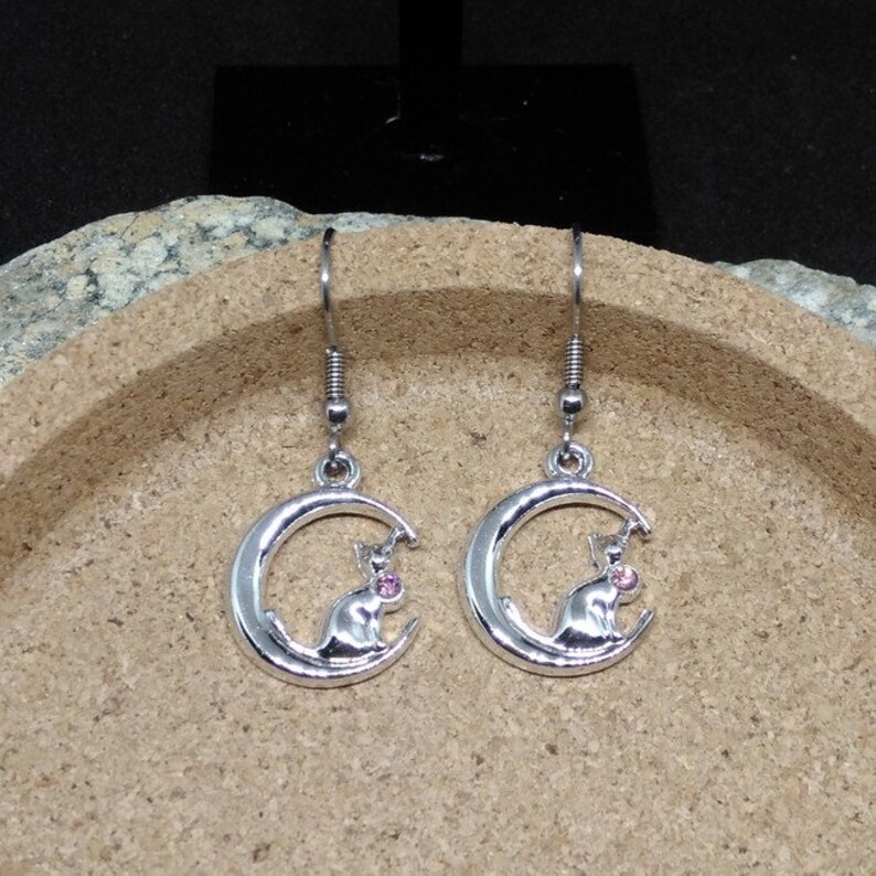 1 pair of earrings on stainless steel Moon cat