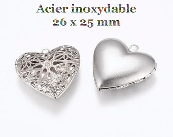 2 pendentifs coeur secret ciselé en acier inoxydable 26 mm