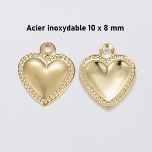 10 heart charms at the end of a chain in gold-plated stainless steel 10 x 8 x 0.8 mm, 1mm hole