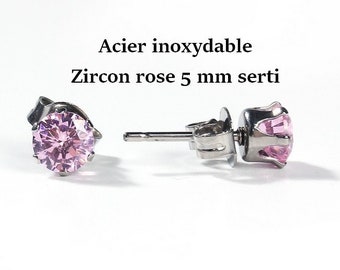 1 pair of 5 mm stainless steel & pink zircon stud earrings