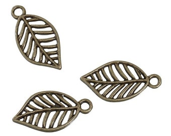 10 charms of a bronze openwork leaf 19 x 10 mm