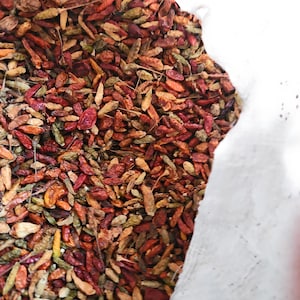 May include: A large collection of small, dried chili peppers in a variety of colors including shades of red, orange, yellow, and green. The peppers are piled together in a heap, showing wrinkled textures and thin, elongated shapes with stems.