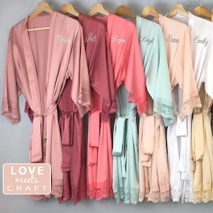 Rose Gold Bride Matching Satin Lace Robes, Personalized Satin Robes Wedding Party Bridal Party Bridesmaid Gift Lace Robes Shower Gifts