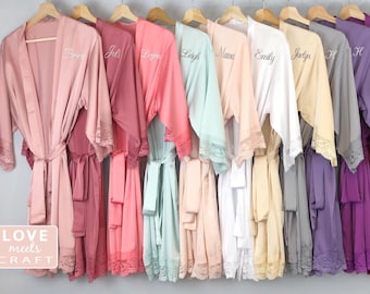 Bridesmaid Robe Bridesmaid Gift Matching Satin Lace Robe Bride Getting Ready Outfit Embroider Robe Monogram Personalize Bridal Party