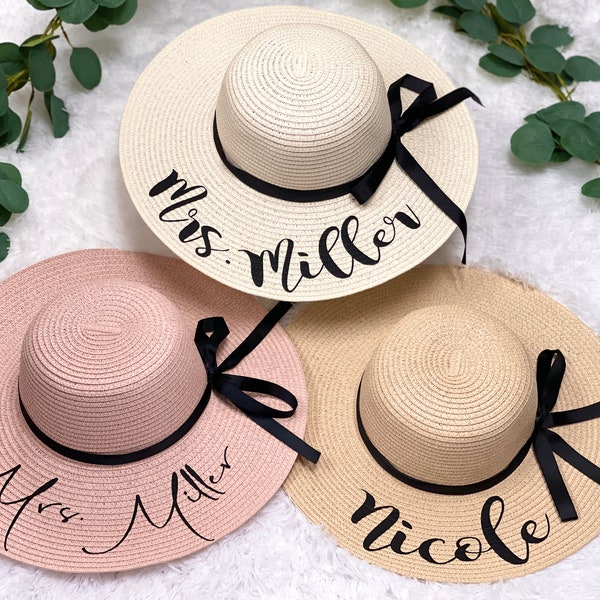 Personalize Floppy Hat Bridesmaid Gift Bride Beach Sun Hat Boho Bachelorette Party Vacation Honeymoon Bridal Shower Gift Mrs. Hat