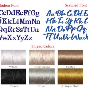 Op de afbeelding: Afbeelding met twee lettertypestijlen: een modern en een scriptlettertype, beide in blauw. Hieronder toont een kleurenkaart draadkleuren: wit, champagne, koffie, zwart, zilver en antiek goud. De tekst luidt "Draadkleuren."