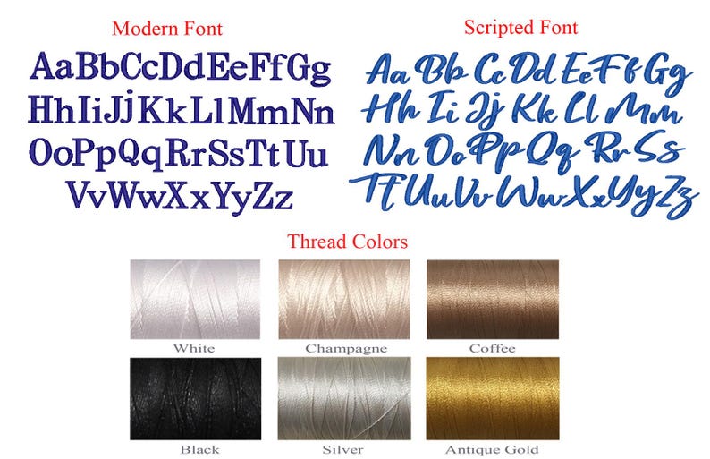 Op de afbeelding: Afbeelding met twee lettertypestijlen: een modern en een scriptlettertype, beide in blauw. Hieronder toont een kleurenkaart draadkleuren: wit, champagne, koffie, zwart, zilver en antiek goud. De tekst luidt "Draadkleuren."