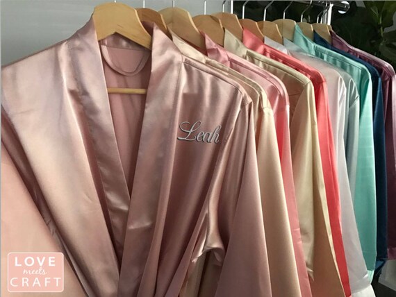Bridesmaid Robes Set 8 Personalized Solid Satin Monogram Silk Bridal Shower Wedding Blush Champagne Pink Navy Purple Rose Gold