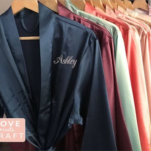 Bridesmaid Robes Set 7, Personalized Solid Satin Monogram Silk Robes Bridal Shower Wedding Blush Champagne Pink Navy Purple Rose Gold Blue image 1