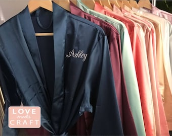 Bridesmaid Robes Set 7, Personalized Solid Satin Monogram Silk Robes Bridal Shower Wedding Blush Champagne Pink Navy Purple Rose Gold Blue