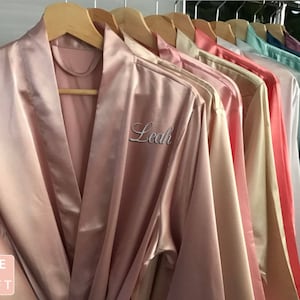 Bridesmaid Robes, Set 4, Personalized Solid Satin Monogram Silk Robes Bridal Shower Wedding, Blush Champagne Pink Navy Purple Rose Gold Blue