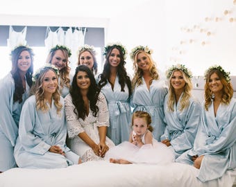 Set of 9 Bridesmaid Solid Satin Robes Bridal Party Robes Monogram Kimono Robes Embroidery Names  Bridesmaid Gifts Wedding Photo