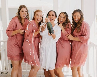 6 Bridesmaid Robes Bridesmaid Gifts Satin Lace Matching Bridal Party Satin Robes, Monogram Robes Lace Kimono Robes Embroider Wedding Robes