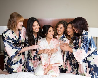 Bridesmaid Robe Set Blossom Floral Bridal Party Monogram Gift Satin Personalize Wedding Bride Silk Kimono Getting Ready 1 2 3 4 5 6 7 8 9 10