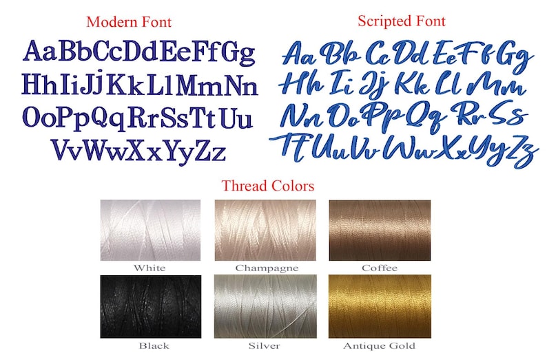 May include: Image showing two different font styles for embroidery: modern and scripted. The alphabet is shown in both styles. Below the fonts, there are six spools of thread in different colors: white, champagne, coffee, black, silver, and antique gold.