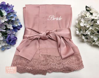 Rose Gold Bride Matching Satin Lace Robes, Personalized Satin Robes Wedding Party Bridal Party Bridesmaid Gift Lace Robes Shower Gifts