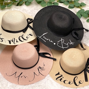 Personalize Bridesmaid Gift Bride Beach Sun Hat Boho Bachelorette Party Vacation Honeymoon Floppy Hat Bridal Shower Gift Mrs. Hat